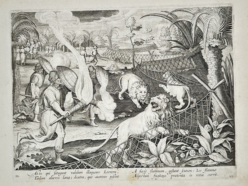 Johannes Stradanus (1523–1605) – African Lion Hunt with Torches and Nets – Engraving (1578)