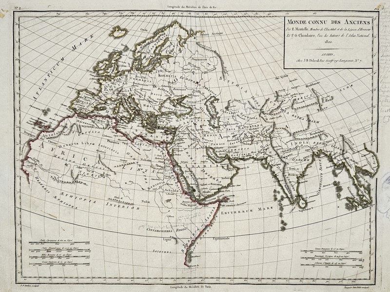Edme Mentelle (1730–1815) – Map of the World Known to the Ancients – World – Hand-coloured engraving (1822)