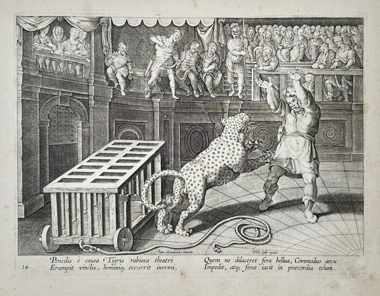 Johannes Stradanus (1523–1605) – View of a Leopard Attacking a Man in a Roman Theater – Engraving (1596)