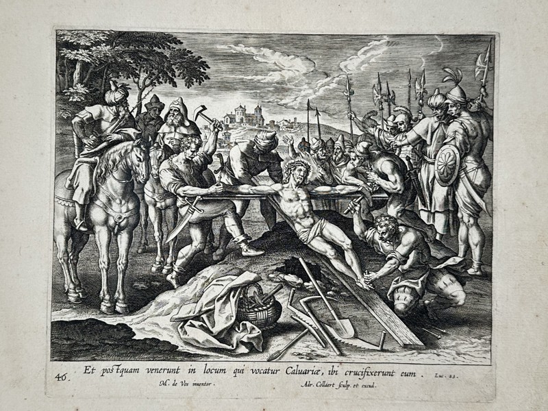 Marten de Vos (1532-1603) – View of the Nailing of Christ to the Cross – Engraving (1585)