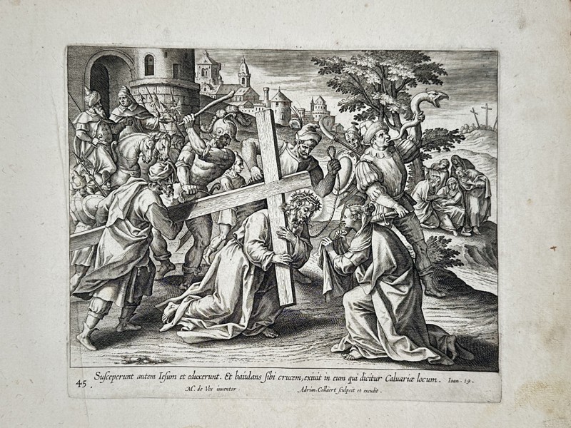 Marten de Vos (1532-1603) – View of Christ Carrying the Cross and meeting Saint Veronica – Engraving (1585)
