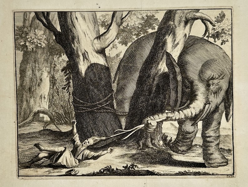 Pieter van der Aa (1659–1733) – View of an Elephant Attacking a Man – Engraving (1707)