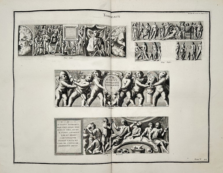 Bernard de Montfaucon (1655–1741) – View of Roman Tombs and Sarcophagi Reliefs – Engraving (1719–1724)