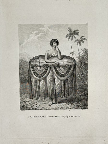 John Webber (1751–1793) – View of a Young Woman of Otaheite Bringing a Present – Oceania – Large Folio Engraving (1784)