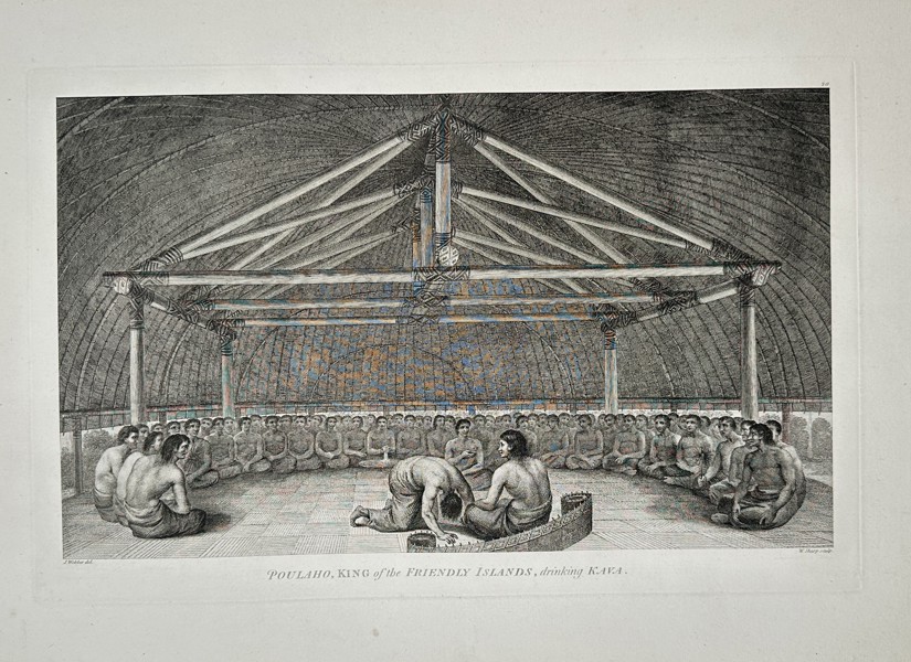 John Webber (1751–1793) – View of Poulaho, King of the Friendly Islands, Drinking Kava – Oceania – Large Folio Engraving (1784)