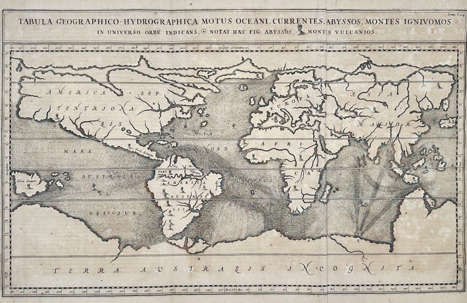Athanasius Kircher (1602-1680) – Tabula Geographico-Hydrographica Motus Oceani – Etching (1665)