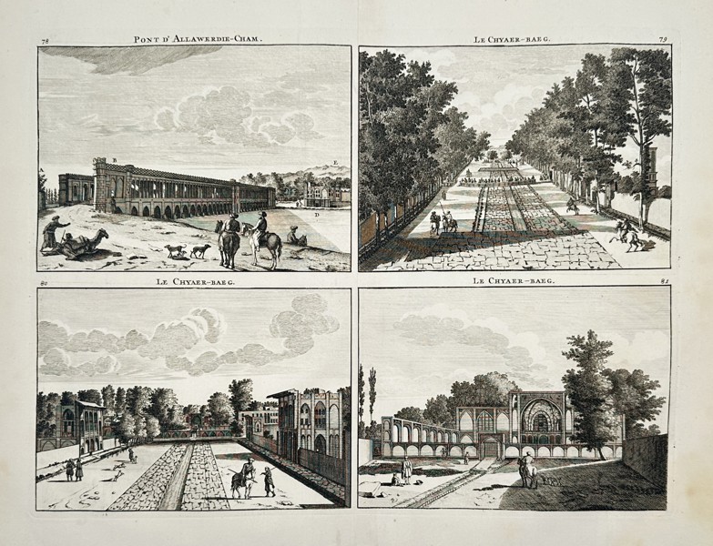 Cornelis de Bruijn (1652-1727) – Views of Isfahan: Allahverdi Khan Bridge and Chahar Bagh – Hand-coloured etching (1718)