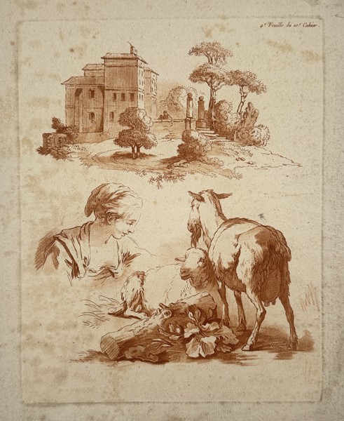 Jean-Honoré Fragonard (1732–1806) – Pastoral Studies with Villa and Shepherdess – Etching in Sanguine (Late 18th Century)