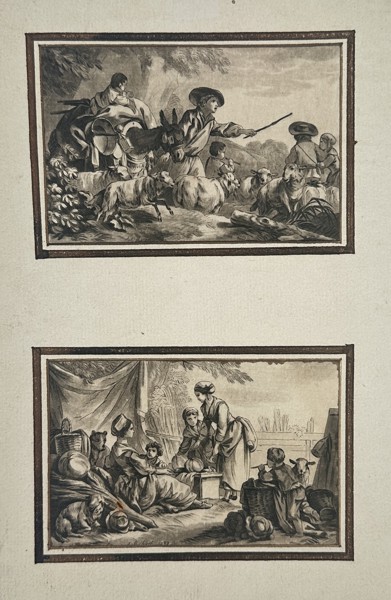 Jean-Baptiste Huet (1745–1811) – Pastoral Scenes with Shepherds and Market Figures – Etching and Aquatint (Late 18th Century)