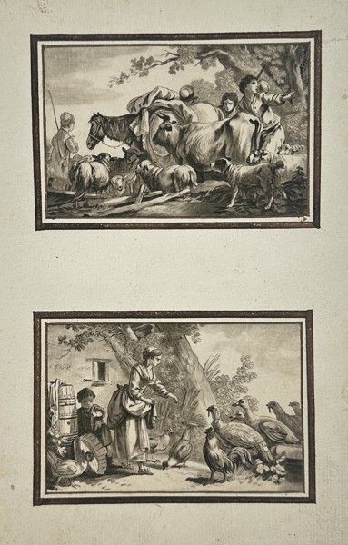 Jean-Baptiste Huet (1745–1811) – Pastoral Scenes with Travelers and Poultry Feeding – Etching and aquatint (1785)
