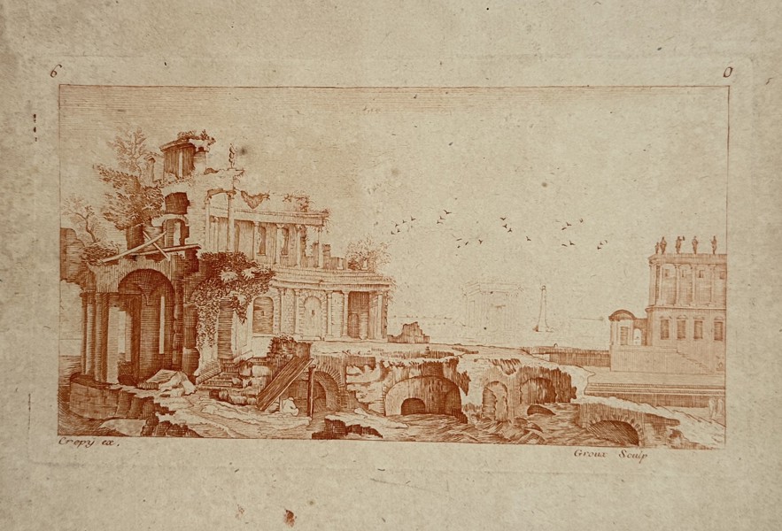 Andrea Pozzo (1642–1709) – View of Classical Ruins with a Grand Palace – Etching in sanguine (1702)