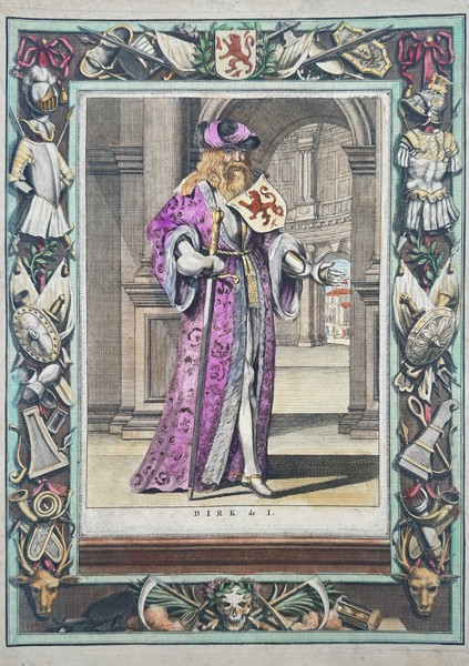 Jan Goeree (1670–1731) – Portrait of Dirk I, Count of Holland – Hand-coloured engraving (1725)