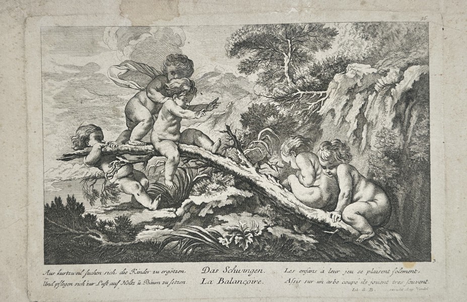 Johann Georg Bergmüller (1688–1762) – Children Playing on a See-saw – Etching and engraving (1730)