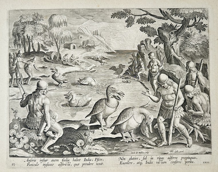 Jan van der Straet (1523–1605) – Fishing with Pelicans in India – Engraving (1596)