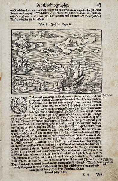 Sebastian Münster (1488–1552) – View of Islands and Sailing Ships – Woodcut (1550)