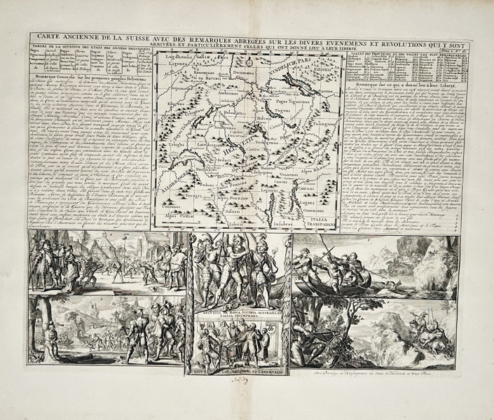 Henri Abraham Châtelain (1684–1743) – Ancient Map of Switzerland and Historical Scenes – Engraving (1720)