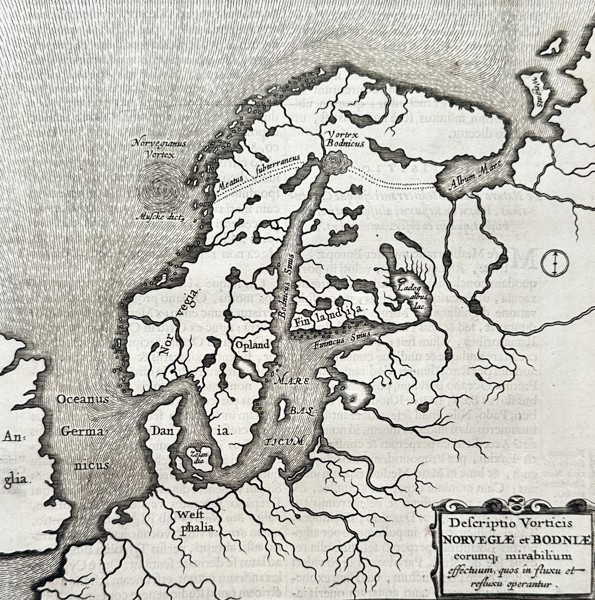 Athanasius Kircher (1602–1680) – Map of Scandinavia showing the Maelstrom – Engraving (1664)