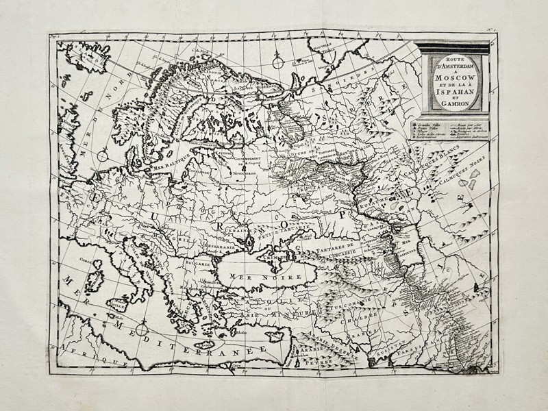 Cornelis de Bruyn (1652–1727) – Map of the Route from Amsterdam to Moscow, Isfahan, and Gamron – Engraving (1711)