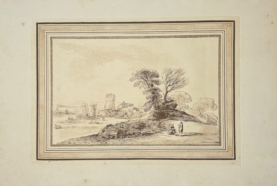 Giovanni Francesco Barbieri (1591-1666), Guercino after, Francesco Bartolozzi (1727–1815) - Large Folio Print - Landscape with a Tower in the Distance