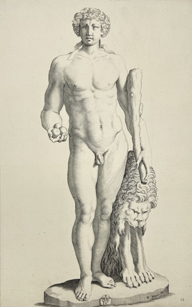 Michel Natalis (1610-1668) after Joachim von Sandrart - Statue of Hercules with the apples of the Hesperides in hand