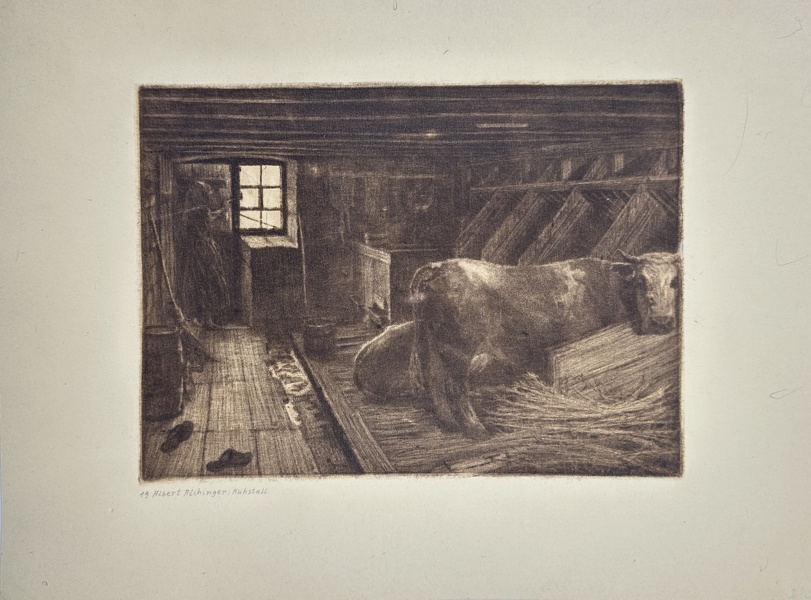 Albert Aichinger - Rural engraving in sepia - Cow