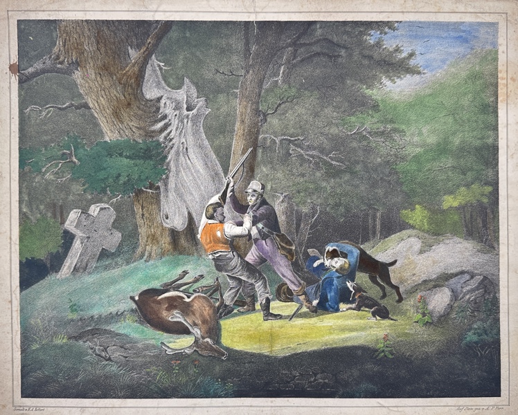 H.A. Erkart - Hand-coloured Lithography - Hunting Scene 