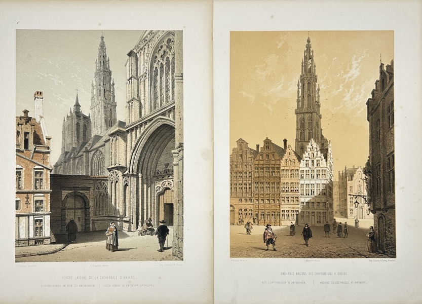 Francois Stroobant (1819–1916) - The southern portal of the Cathedral of Antwerp / View of the old guild houses of Antwerp with the tower of the cathedral