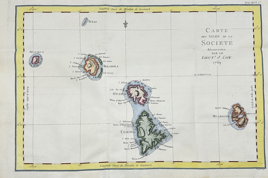 John Hawkesworth / Robert Benard - Map of the Society Islands - French Edition of the First Mapping of the Society Islands