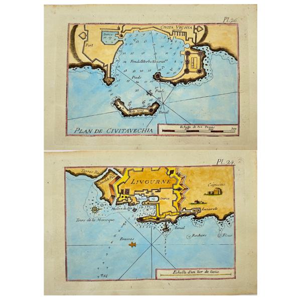 Joseph Roux - Set of 2 Hand-coloured Maps - Port of Civitavecchia / Baye of Livorno - Italy - Lazio