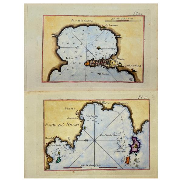 Joseph Roux - Set of 2 Hand-coloured Maps - Bays of Brusc and Bandol near Marseilles - France - Port of Syracuse / Saragosa - Sicily - Italy