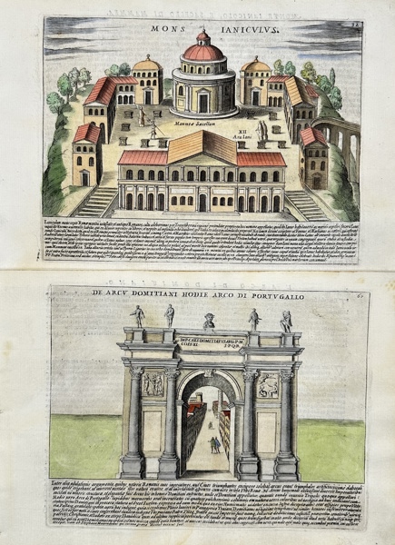 Giacomo Lauro (1561–1645) / Vitale Mascardi - Set of 2 Hand-coloured Engravings - The Janiculum [one of the seven hills of Rome] / On the Arch of Domitian, today the Arch of Portugal