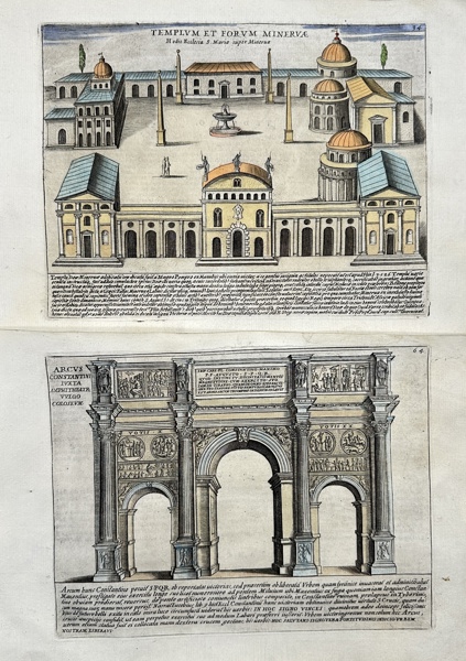 Copy of - Giacomo Lauro (1561–1645) / Vitale Mascardi - Set of 2 Hand-coloured Engravings -  Temple and Forum of Minerva in Rome - The Arch of Constantine is a triumphal arch