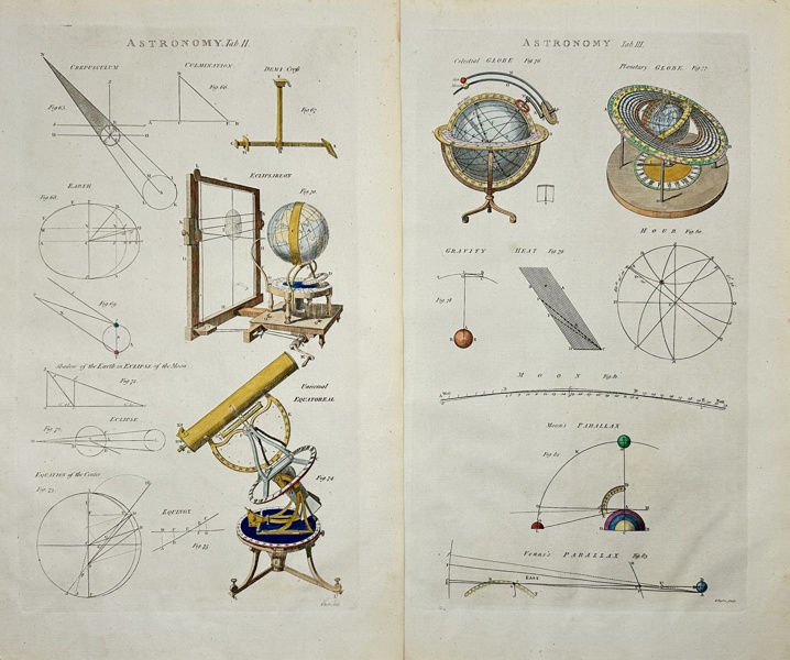 Ephraim Chambers (1680-1740) - Set of 2 Hand-coloured Engravings - Astronomy - Illustrations of astronomy diagrams and celestial and planetary globes / Elipsareon and Equatorial Telescope Mount