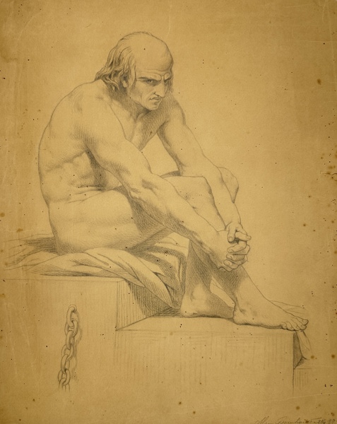 Albertino Bernhard - Pencil Drawing - French school of the 19th century Academy of seated men