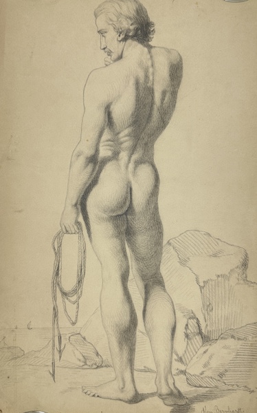 Albertino Bernhard - Pencil Drawing - A middle aged man, nude: back view