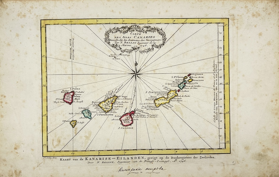 Jakob van der Schley / Jacques Nicolas Bellin - Carte Des Isles Canaries Dressee sur les Journaeu des Navigateurs - Map of the Canary Islands - Spain