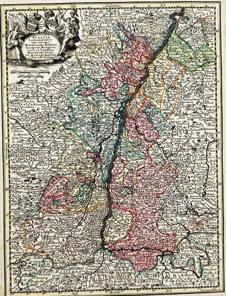 Tobias Konrad Lotter / Matthäus Seutter - Hand-coloured map of Alsace at the border between France and Germany - Alsatia Landgraviatus eum ubroque Marchionatu Badensi