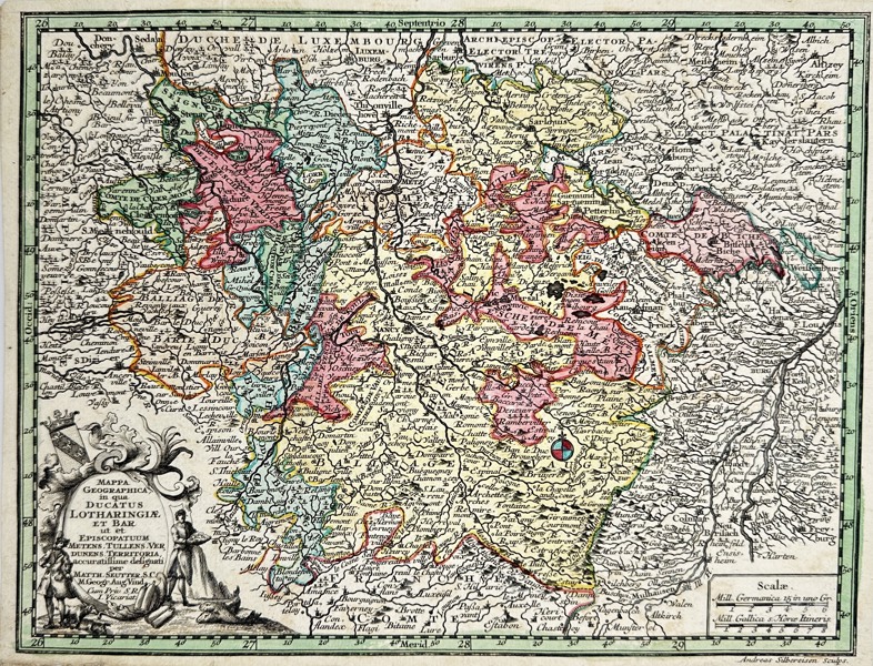 Tobias Konrad Lotter / Matthäus Seutter - Hand-coloured map of Duchy of Lorraine - Ducatus Lotharingiae - France - Germany - Italy