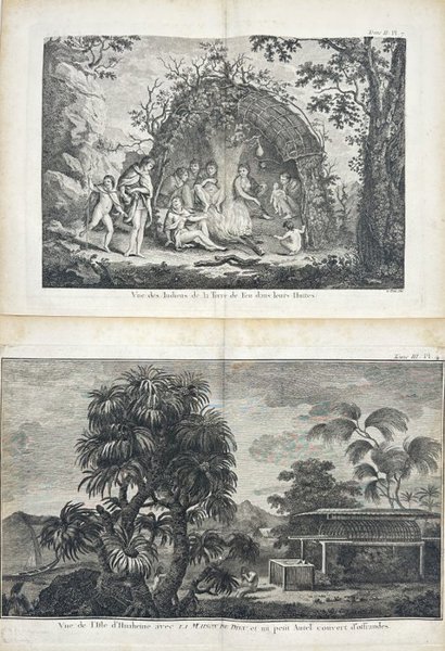 Jean-Jacques Le Veau (1729-1786) & James Cook - Set of 2 Engravings with views of Tahiti - Island of Huaheine - Family Scene