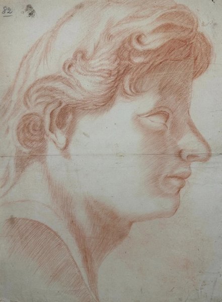 Unknown Artist (XIX) - Sanguine - Study of Human Face - Portrait of Young Man