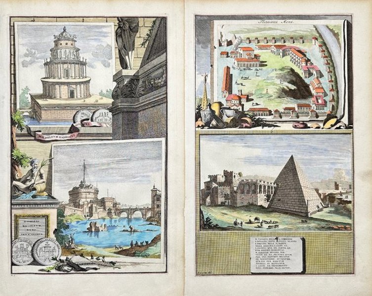 Jan Goeree (1670-1731) - Set of 2 Prints - View of the Mons Testaceus and the Pyramid of Cestius Rome Italy