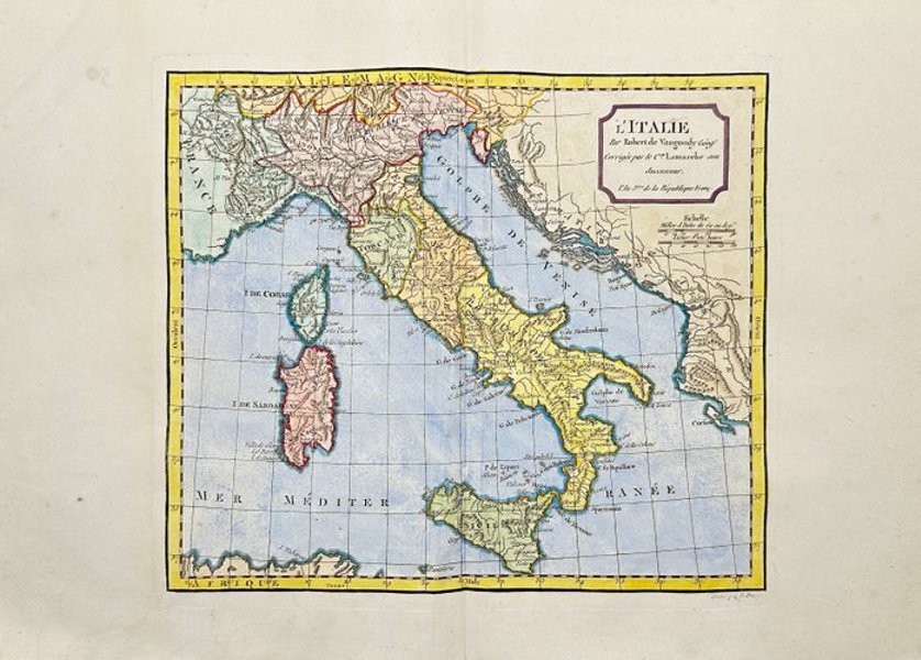 Robert de Vaugondy (1688-1766) - Italy, Map - Sardinia, Campania, Corsica, Molise, Piedmont, Veneto, Lombardy, Trentino