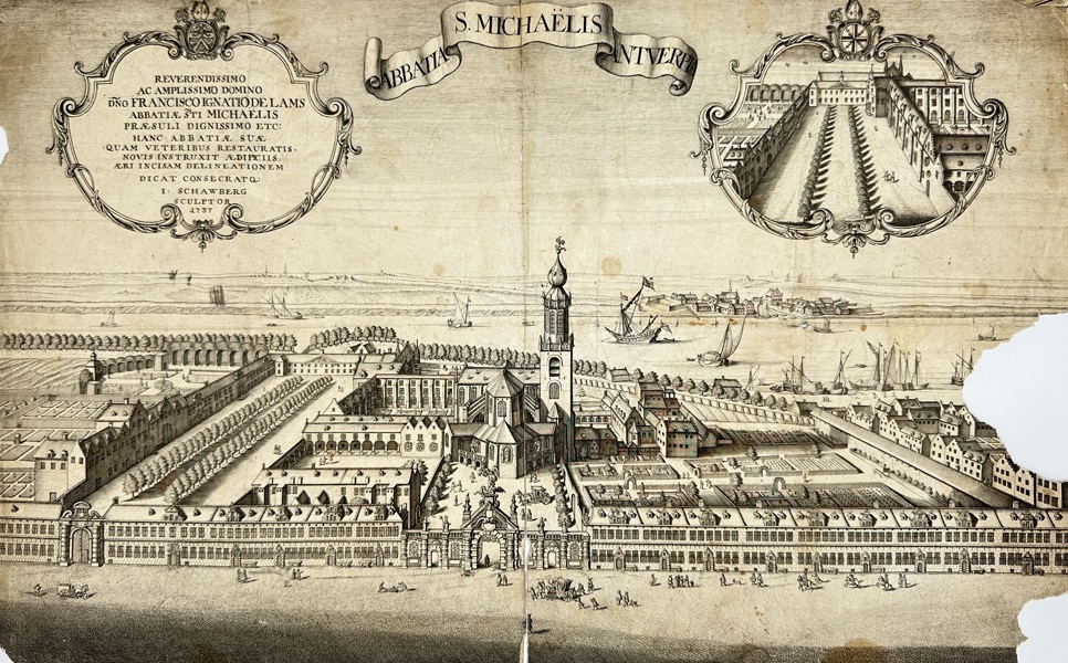 Johann Heinrich Schawberg (1717–1760) – Antique Engraving – "De Sint-Michielsabdij te Antwerpen" (1737)