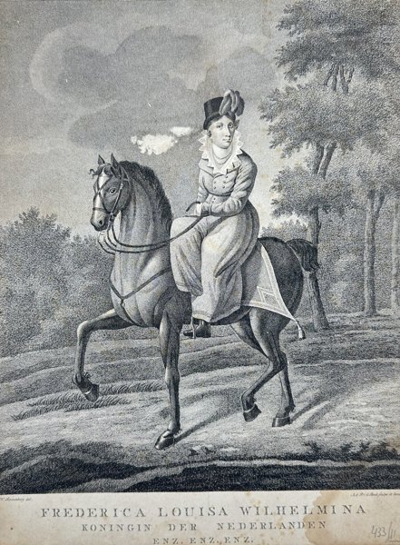 Antonie and Pieter van der Beek after Nicolaas Sonnenberg (1795 - 1821) - Antique Engraving of Queen Frederica Louisa Wilhelmina on horseback - Koningin der Nederlanden