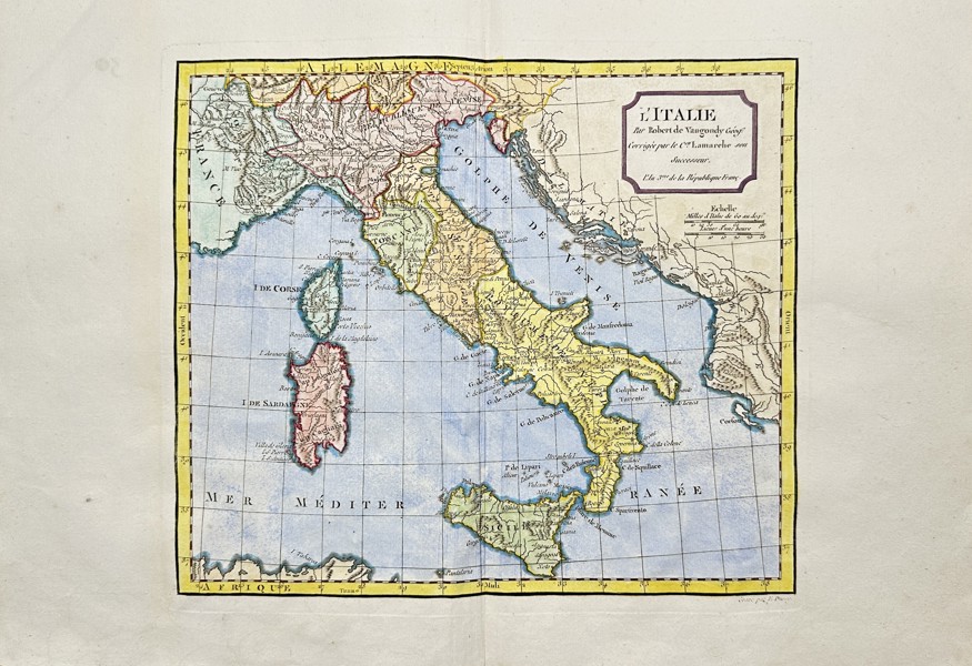 Robert de Vaugondy (1688-1766) - Italy, Map - Sardinia, Campania, Corsica, Molise, Piedmont, Veneto, Lombardy, Trentino