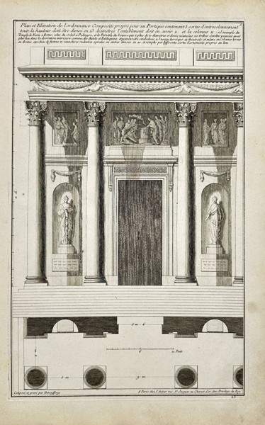 Jean-Francois de Neufforge (1714-1791) - Design of a Corinthian Portico - Facade and Plan of a Building