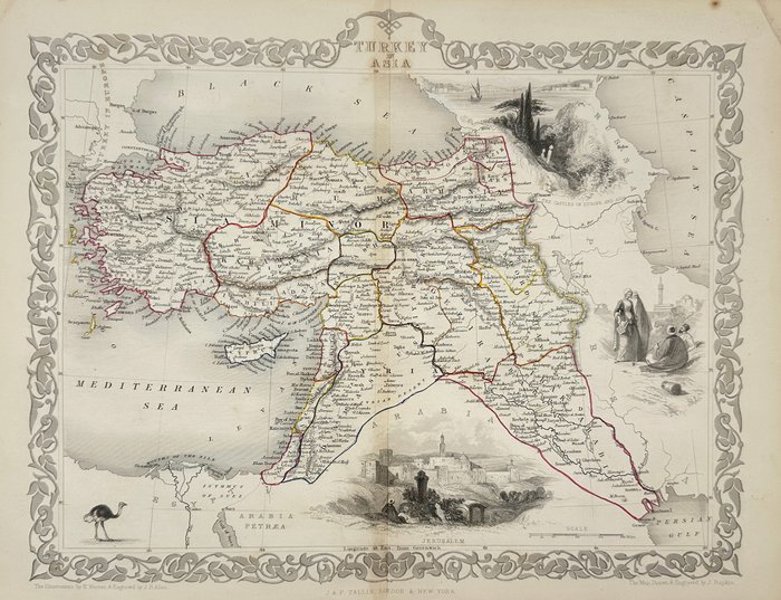 John Tallis (1817–1876) and John Rapkin (1813–1899) – Map of Turkey in Asia – Including Syria, Iraq, Lebanon, Israel, Jordan, and Parts of Arabia – from The Illustrated Atlas (1851–1860)