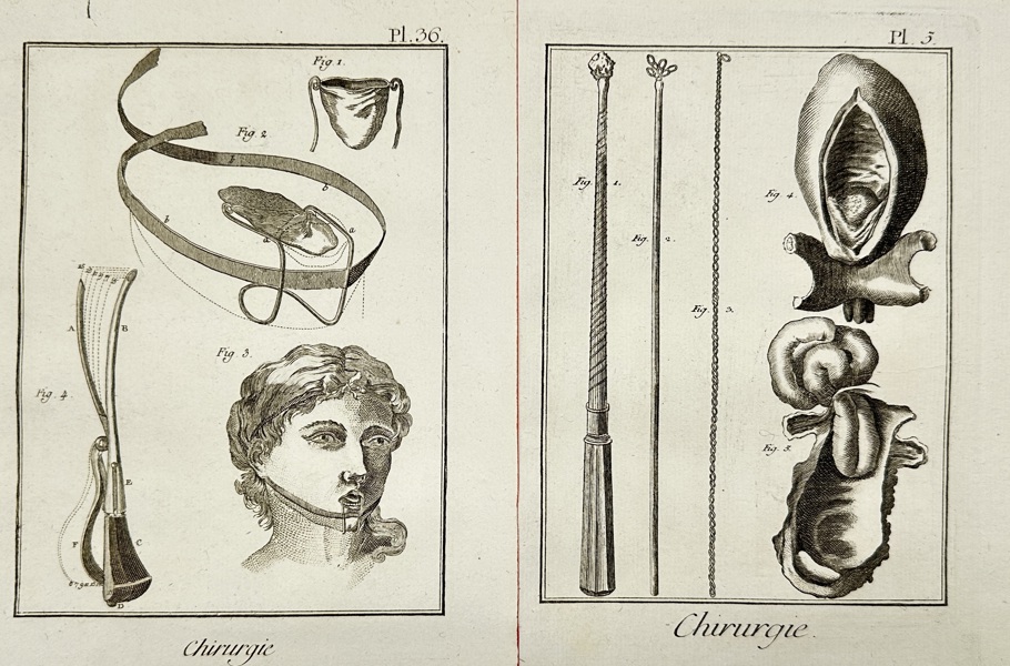 Denis Diderot (1713–1784) – Set of 2 Engravings – Surgical Instruments and Anatomy from Encyclopédie ou Dictionnaire raisonné des sciences, des arts et des métiers – Copperplate Engravings (c.1760s)