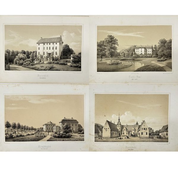 Ferdinand Richardt (1819-1895) - Set of 4 Old Lithograph Prints - Bjärbolunds Herrgård in Helsingborg - View of Barsebäck Slott