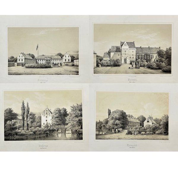 Ferdinand Richardt (1819-1895) - Set of 4 Old Lithograph Prints - The Hill House Museum - Borrebii From the South - Belt Mountains